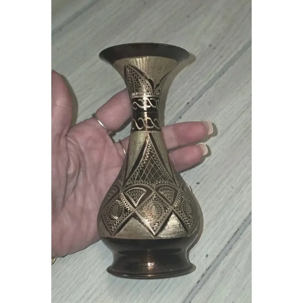Vintage Copper Vase Hand Etched Engraved 6